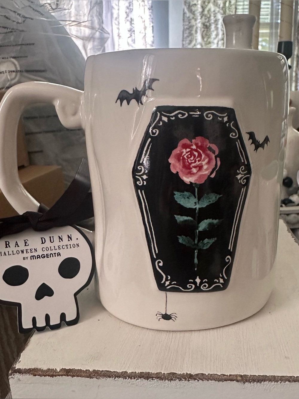 Rae Dunn White Mug with Black Coffin, Pink Rose and Green Stem